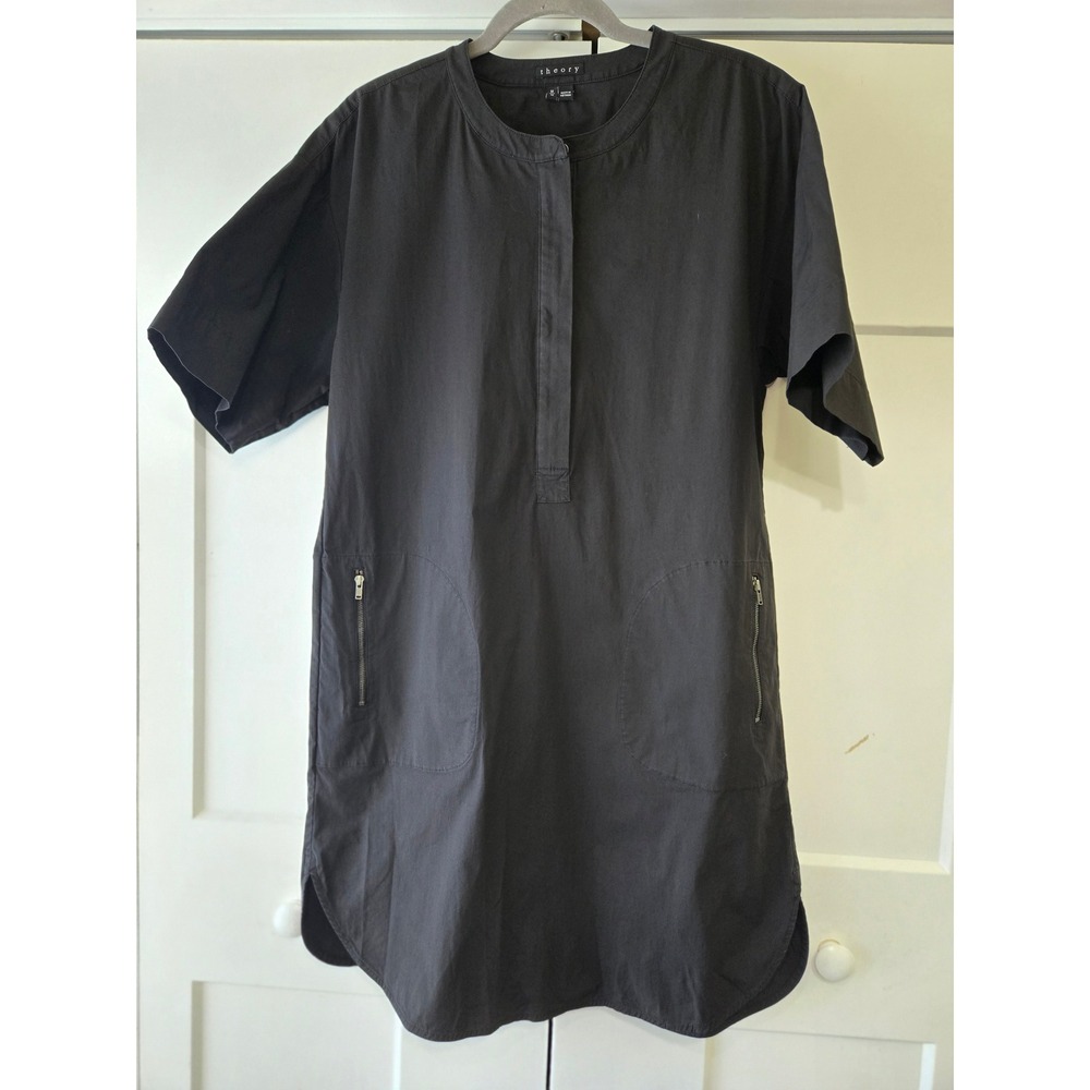 Theory Black Floryn Zip Front Pocket Short Sleeve Shift Dress Size M